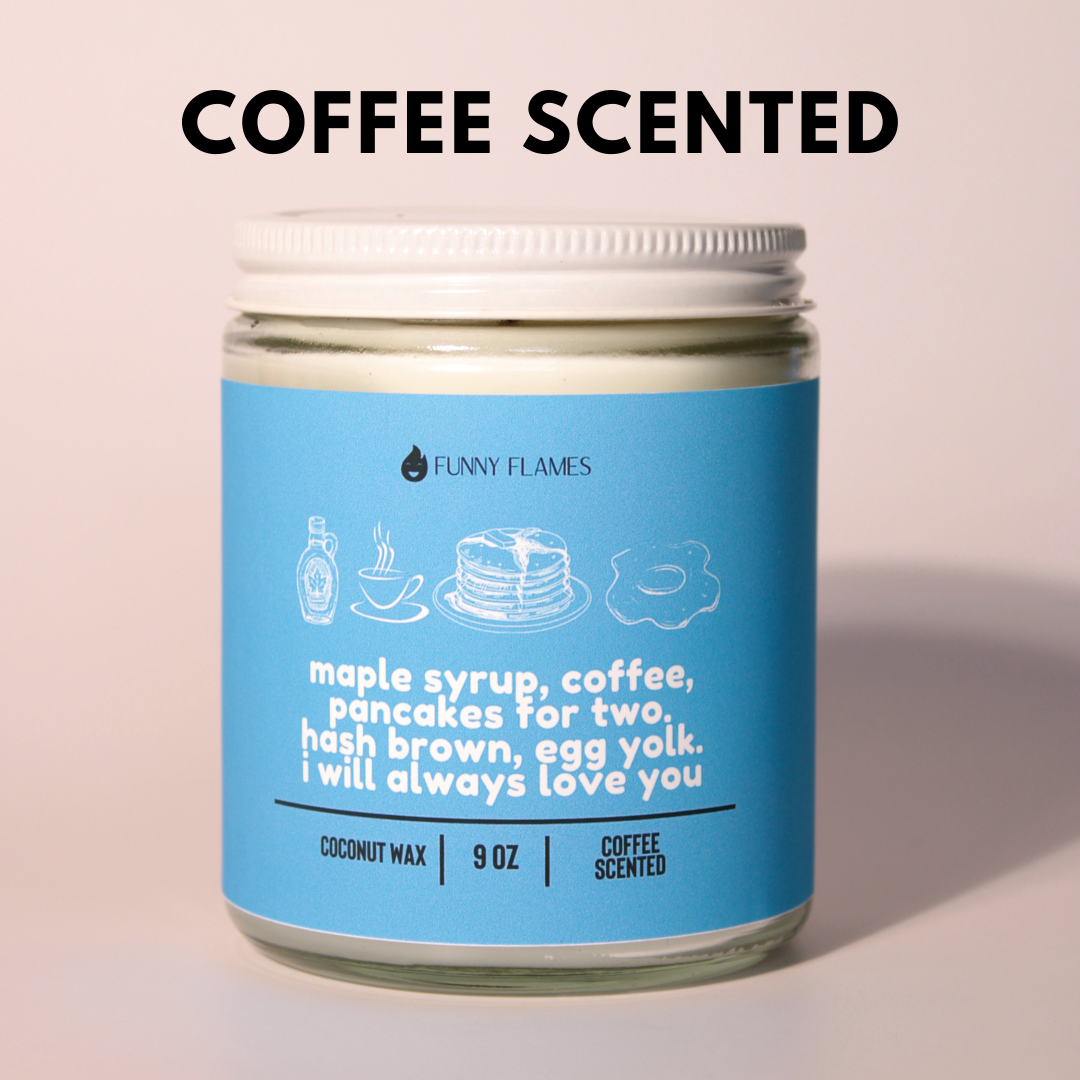 Maple syrup, coffee, pancakes for two. hash brown, egg yolk Funny