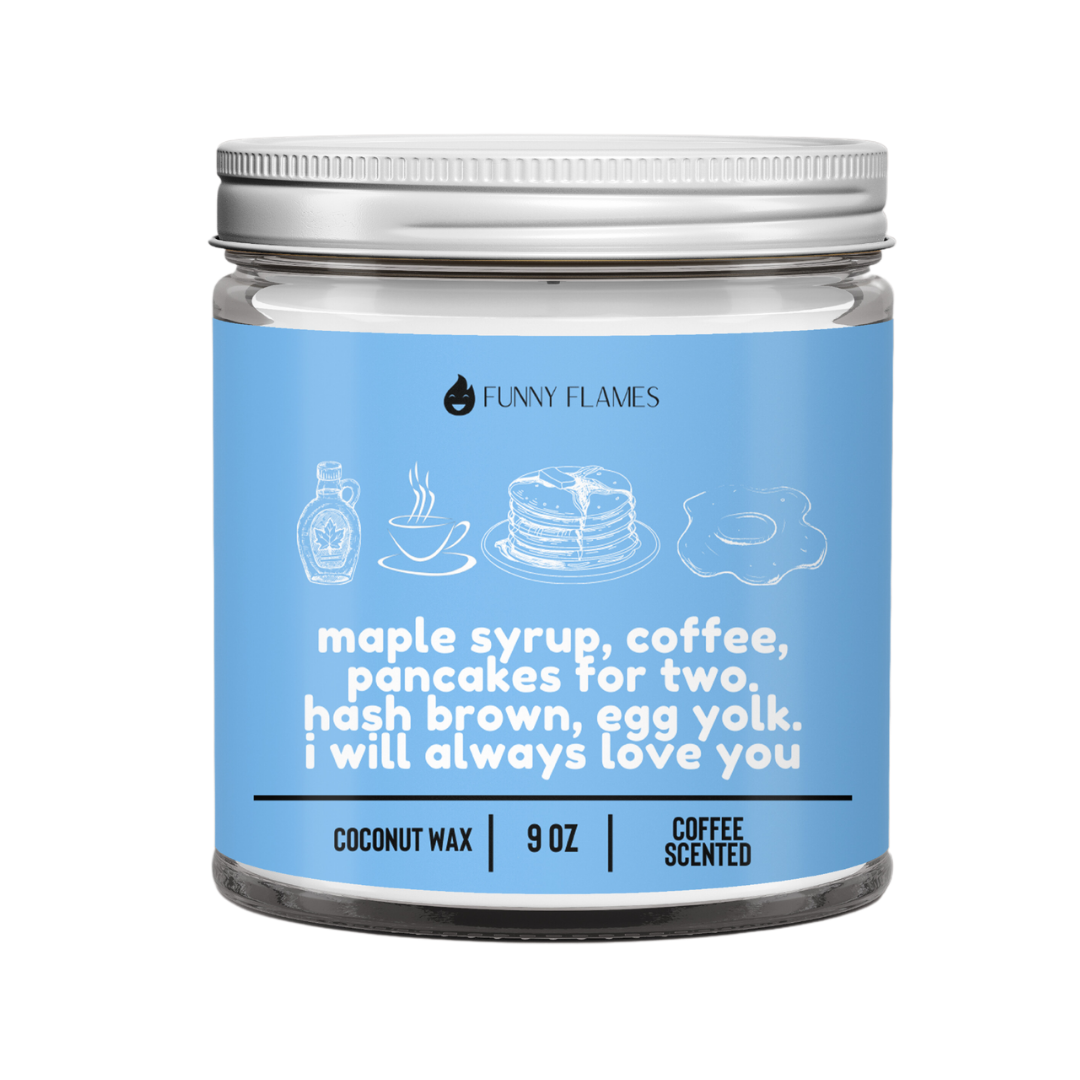 Maple syrup, coffee, pancakes for two. hash brown, egg yolk Funny