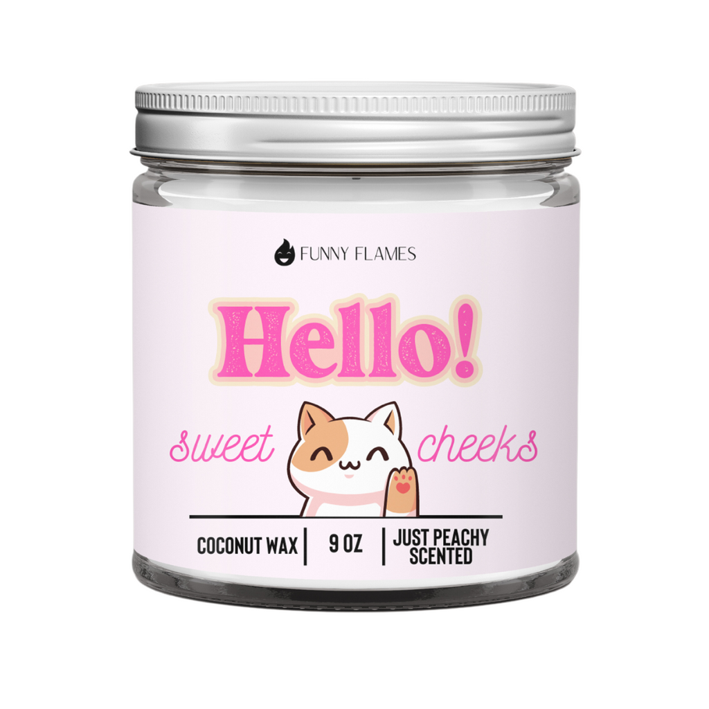 Hello Sweet Cheeks (Funny Cat) Peach Funny Candle